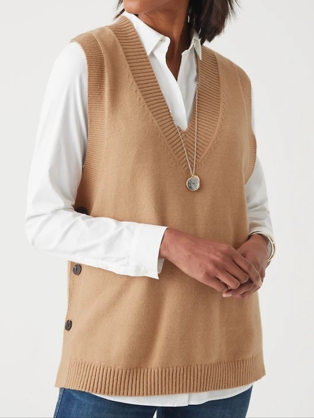 J. Jill Camel Brown Sleeveless Side Button Knit Vest Women's Size Medium Petite
